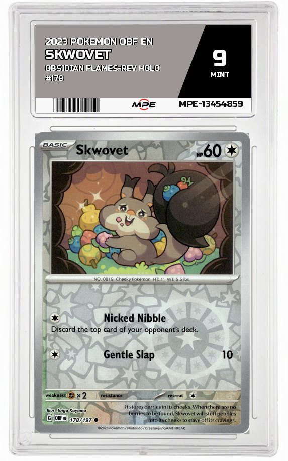 2023 POKEMON OBF EN Obsidian Flames-REV HOLO #178 SKWOVET MPE 9 MINT — graded card auctioned from the MPE vault