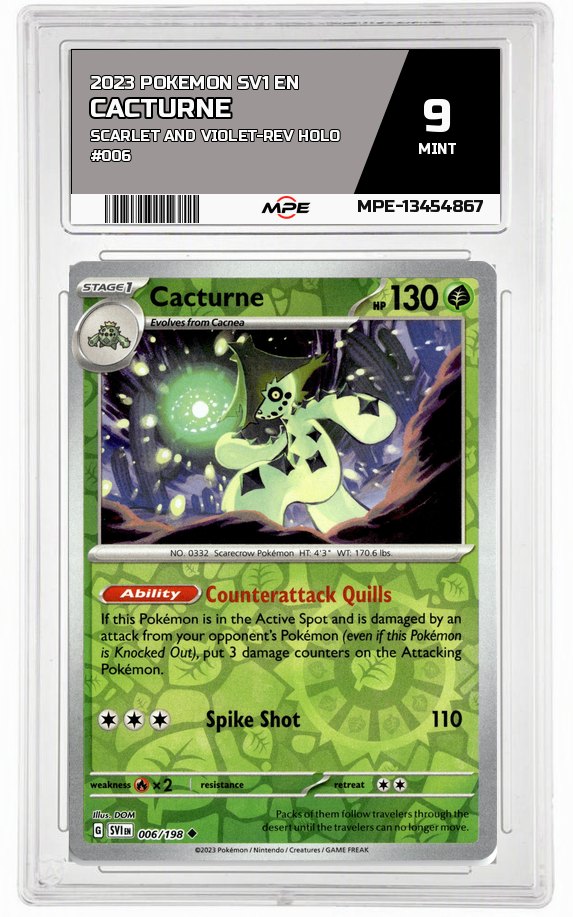 2023 POKEMON SV1 EN Scarlet and Violet-REV HOLO #006 CACTURNE MPE 9 MINT — graded card auctioned from the MPE vault