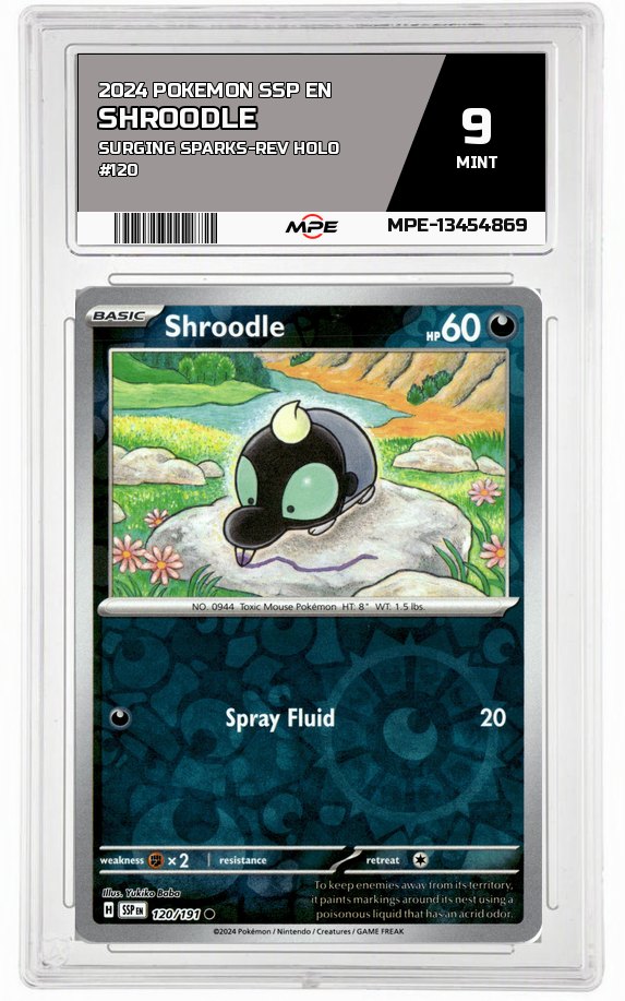 2024 POKEMON SSP EN Surging Sparks-REV HOLO #120 SHROODLE MPE 9 MINT — graded card auctioned from the MPE vault