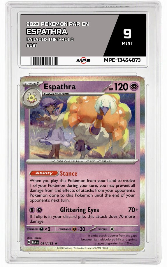 2023 POKEMON PAR EN Paradox Rift-HOLO #081 ESPATHRA MPE 9 MINT — graded card auctioned from the MPE vault