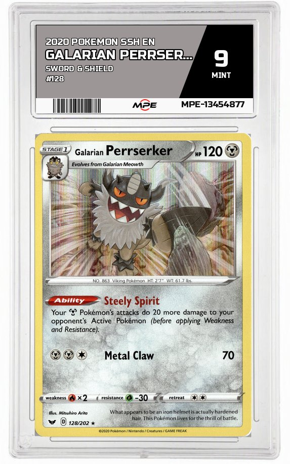 2020 POKEMON SSH EN Sword & Shield #128 GALARIAN PERRSERKER MPE 9 MINT — graded card auctioned from the MPE vault