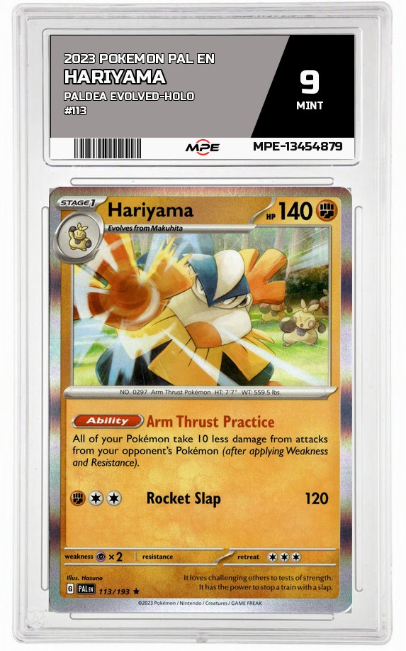 2023 POKEMON PAL EN Paldea Evolved-HOLO #113 HARIYAMA MPE 9 MINT — graded card auctioned from the MPE vault