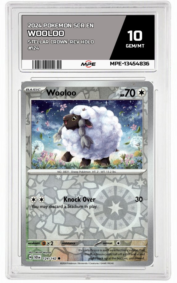 2024 POKEMON SCR EN Stellar Crown-REV HOLO #124 WOOLOO MPE 10 GEM/MT — graded card auctioned from the MPE vault