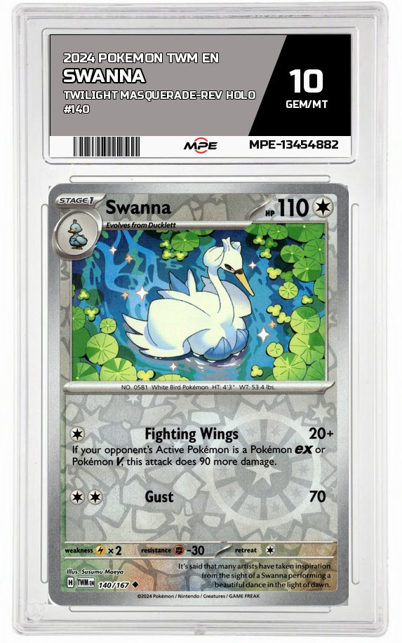 2024 POKEMON TWM EN Twilight Masquerade-REV HOLO #140 SWANNA MPE 10 GEM/MT — graded card auctioned from the MPE vault