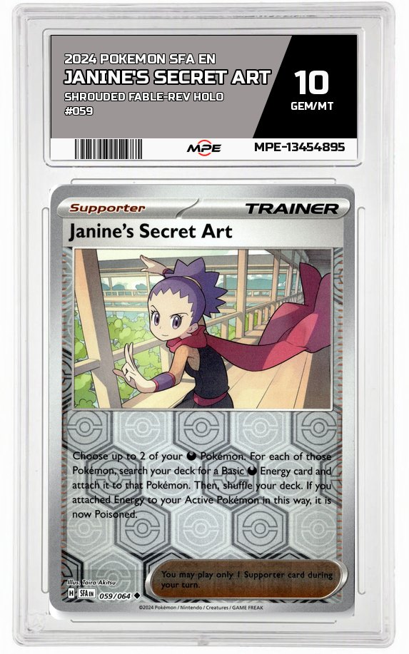 2024 POKEMON SFA EN Shrouded Fable-REV HOLO #059 JANINE'S SECRET ART MPE 10 GEM/MT — graded card auctioned from the MPE vault
