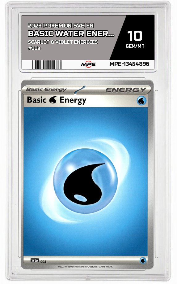 2023 POKEMON SVE EN Scarlet & Violet Energies #003 BASIC WATER ENERGY MPE 10 GEM/MT — graded card auctioned from the MPE vault