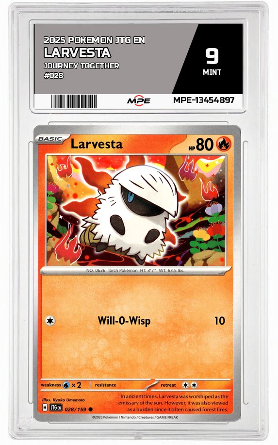2025 POKEMON JTG EN Journey Together #028 LARVESTA MPE 9 MINT — graded card auctioned from the MPE vault
