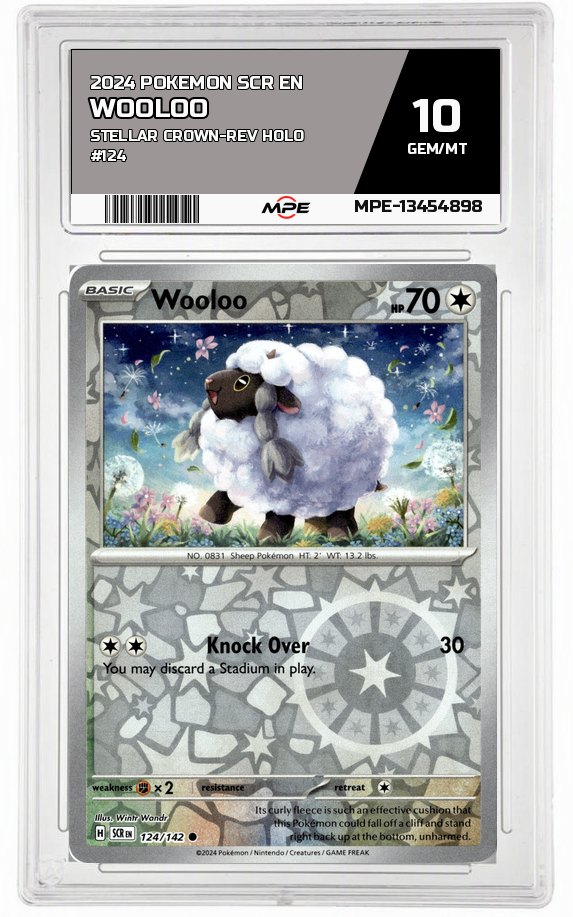 2024 POKEMON SCR EN Stellar Crown-REV HOLO #124 WOOLOO MPE 10 GEM/MT — graded card auctioned from the MPE vault