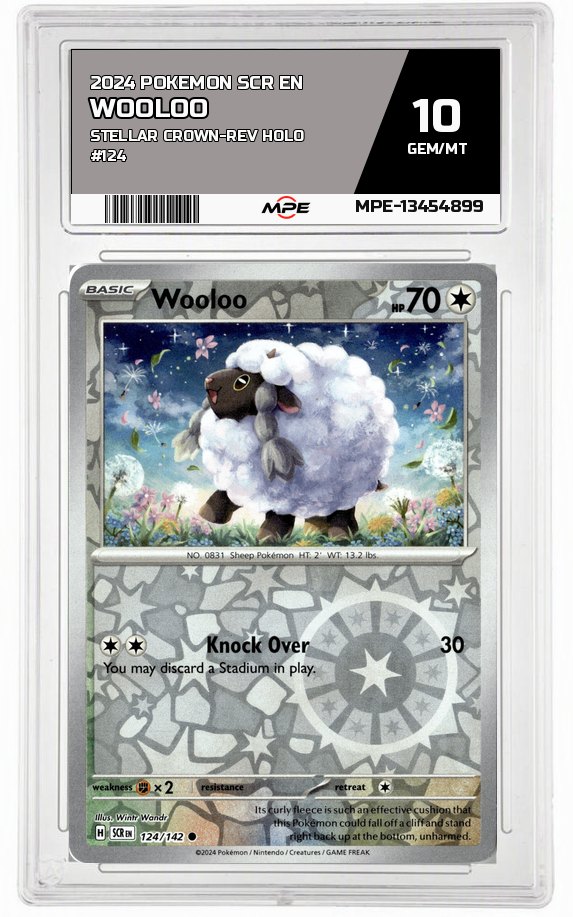 2024 POKEMON SCR EN Stellar Crown-REV HOLO #124 WOOLOO MPE 10 GEM/MT — graded card auctioned from the MPE vault