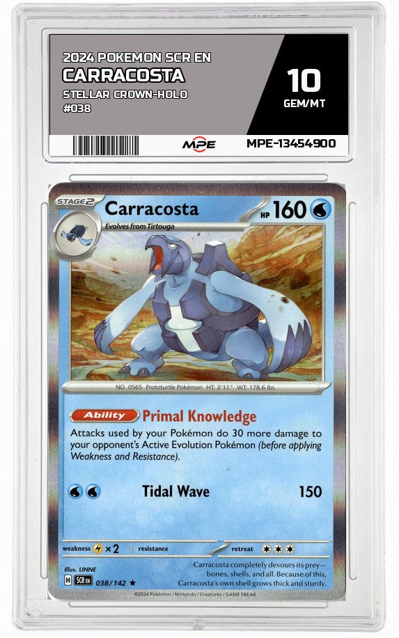 2024 POKEMON SCR EN Stellar Crown-HOLO #038 CARRACOSTA MPE 10 GEM/MT — graded card auctioned from the MPE vault