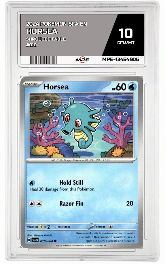 2024 POKEMON SFA EN Shrouded Fable #010 HORSEA MPE 10 GEM/MT — graded card auctioned from the MPE vault