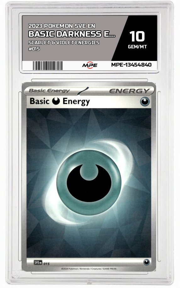 2023 POKEMON SVE EN Scarlet & Violet Energies #015 BASIC Darkness ENERGY MPE 10 GEM/MT — graded card auctioned from the MPE vault