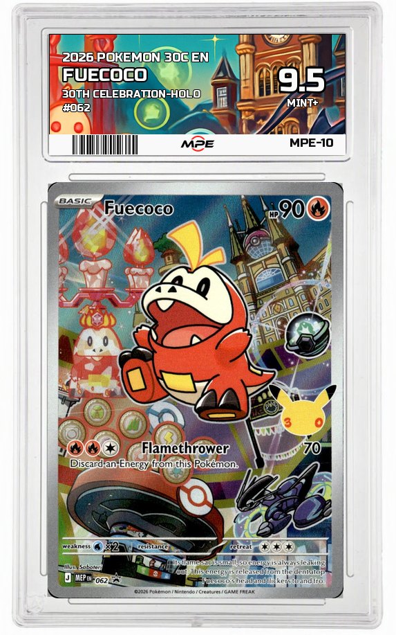 2026 POKEMON 30C EN 30th Celebration-HOLO #062 FUECOCO MPE 9.5 MINT+ — graded card auctioned from the MPE vault