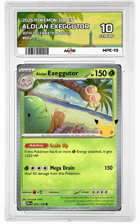 2026 POKEMON 30C EN 30th Celebration-HOLO #002 ALOLAN EXEGGUTOR MPE 10 GEM/MT — graded card auctioned from the MPE vault