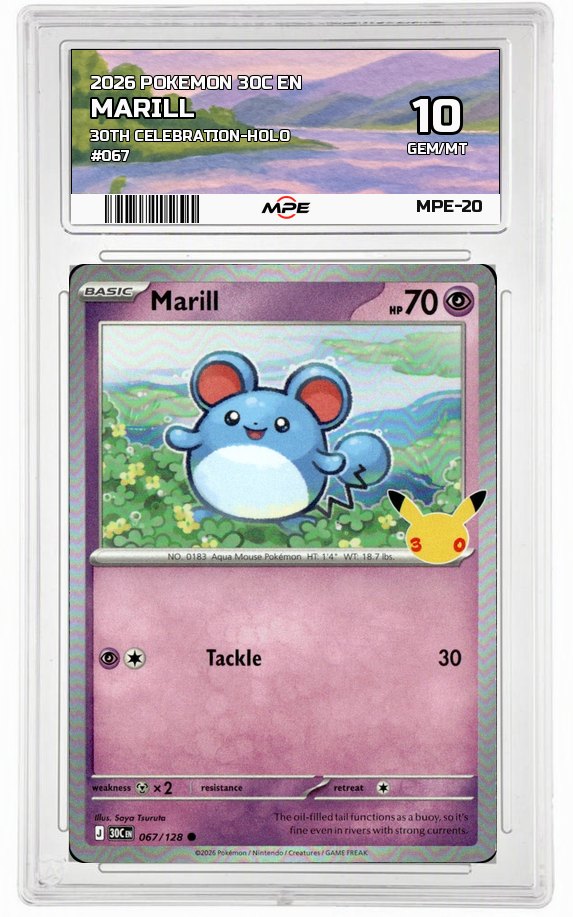 2026 POKEMON 30C EN 30th Celebration-HOLO #067 MARILL MPE 10 GEM/MT — graded card auctioned from the MPE vault
