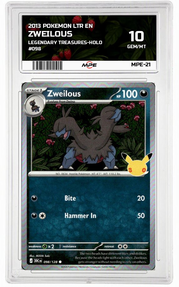 2013 POKEMON LTR EN Legendary Treasures-HOLO #098 ZWEILOUS MPE 10 GEM/MT — graded card auctioned from the MPE vault