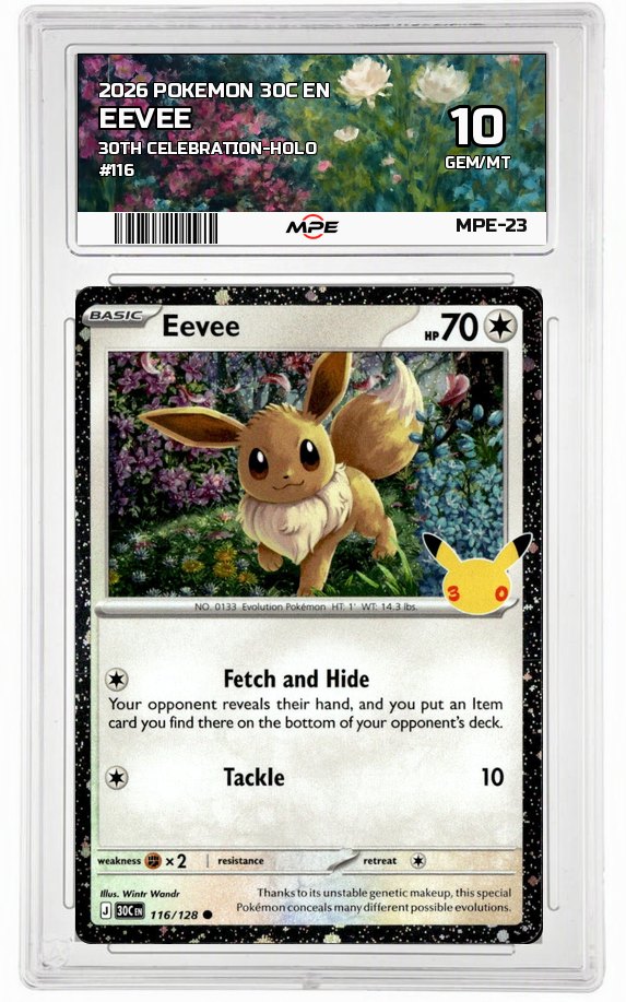 2026 POKEMON 30C EN 30th Celebration-HOLO #116 EEVEE MPE 10 GEM/MT — graded card auctioned from the MPE vault