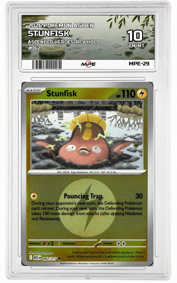 2026 POKEMON ASC EN Ascended Heroes-REV HOLO #062 STUNFISK MPE 10 GEM/MT — graded card auctioned from the MPE vault