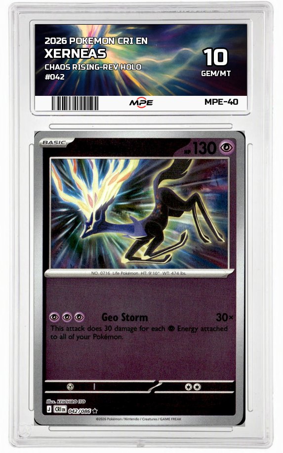 2026 POKEMON CRI EN Chaos Rising-REV HOLO #042 XERNEAS MPE 10 GEM/MT — graded card auctioned from the MPE vault