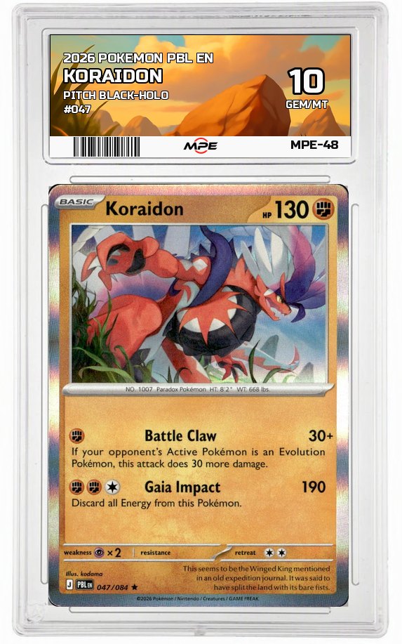 2026 POKEMON PBL EN Pitch Black-HOLO #047 KORAIDON MPE 10 GEM/MT — graded card auctioned from the MPE vault