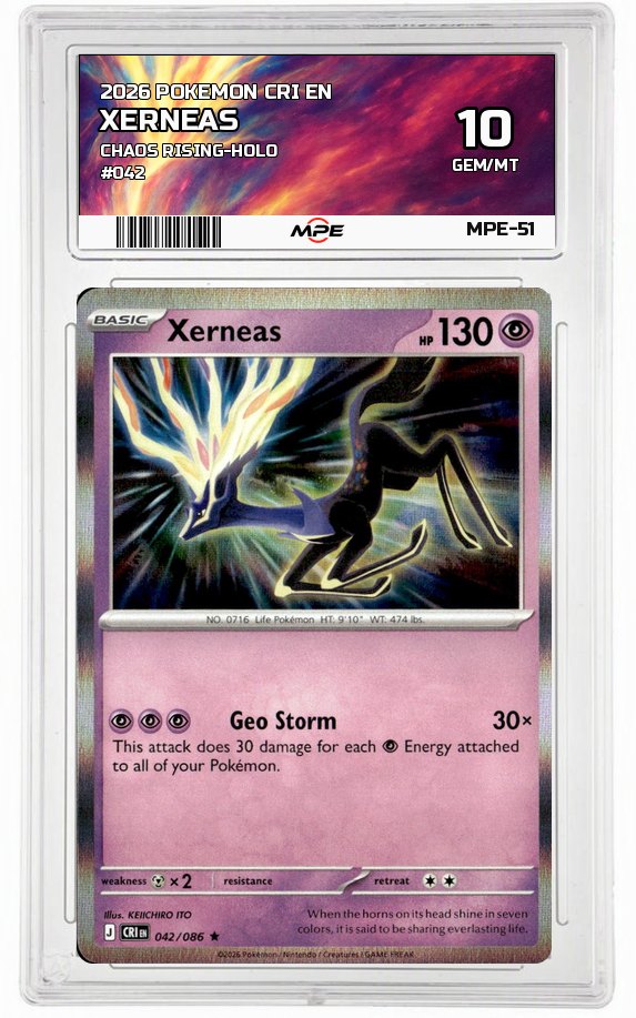2026 POKEMON CRI EN Chaos Rising-HOLO #042 XERNEAS MPE 10 GEM/MT — graded card auctioned from the MPE vault