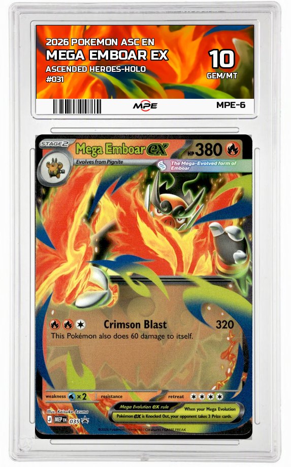 2026 POKEMON ASC EN Ascended Heroes-HOLO #031 MEGA EMBOAR EX MPE 10 GEM/MT — graded card auctioned from the MPE vault