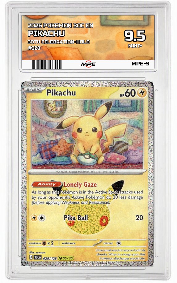 2026 POKEMON 30C EN 30th Celebration-HOLO #028 PIKACHU MPE 9.5 MINT+ — graded card auctioned from the MPE vault