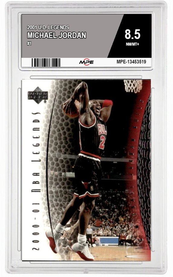 2001 U.D. LEGENDS #1 MICHAEL JORDAN MPE 8.5 NM/MT+ — graded card auctioned from the MPE vault