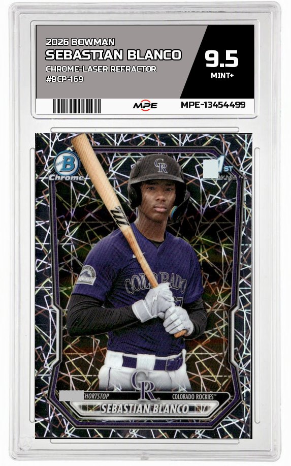 2026 BOWMAN CHROME-Laser Refractor #BCP-169 SEBASTIAN BLANCO MPE 9.5 MINT+ — graded card auctioned from the MPE vault