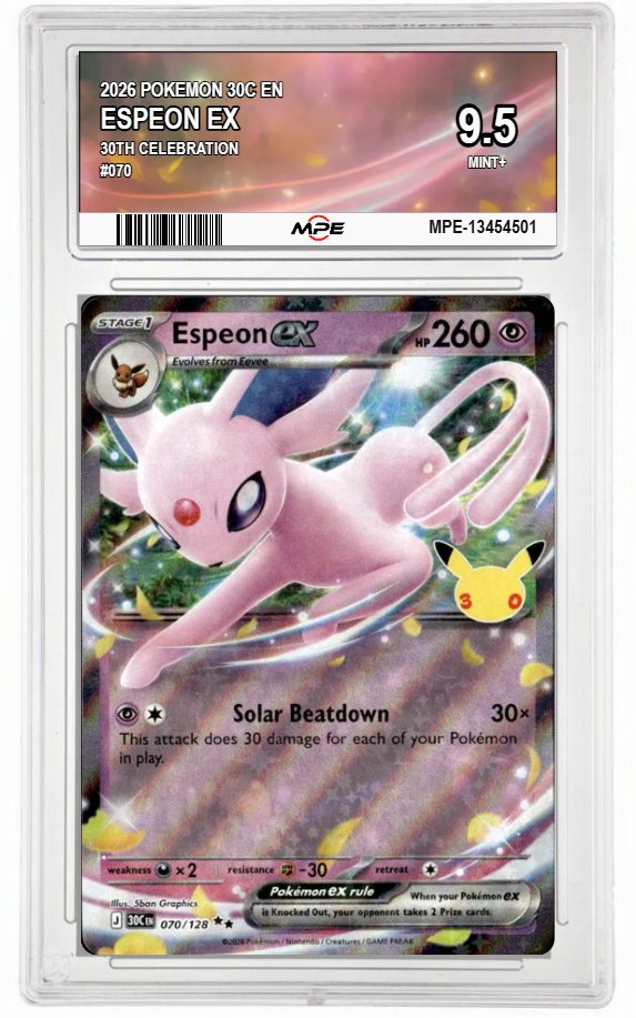 2026 POKEMON 30C EN 30th Celebration #070 ESPEON EX MPE 9.5 MINT+ — graded card auctioned from the MPE vault