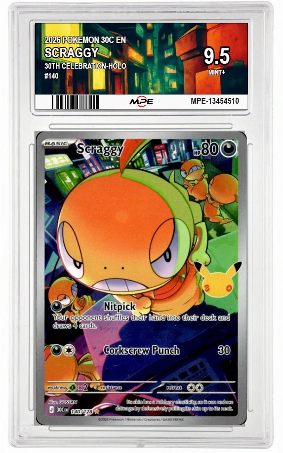 2026 POKEMON 30C EN 30th Celebration-HOLO #140 SCRAGGY MPE 9.5 MINT+ — graded card auctioned from the MPE vault