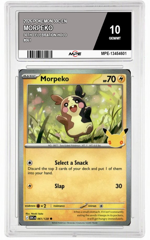 2026 POKEMON 30C EN 30th Celebration-HOLO #061 MORPEKO MPE 10 GEM/MT — graded card auctioned from the MPE vault