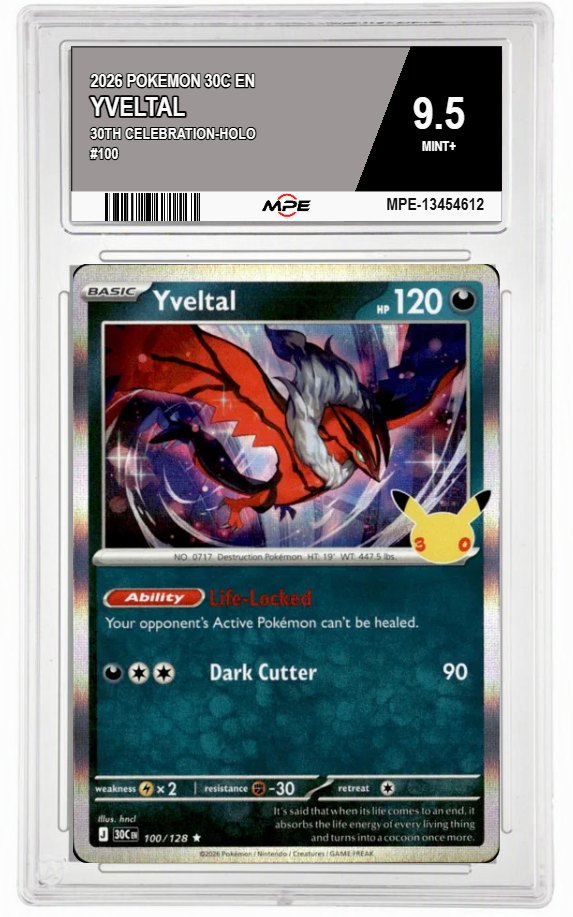 2026 POKEMON 30C EN 30th Celebration-HOLO #100 YVELTAL MPE 9.5 MINT+ — graded card auctioned from the MPE vault