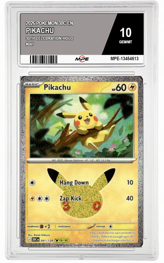 2026 POKEMON 30C EN 30th Celebration-HOLO #041 PIKACHU MPE 10 GEM/MT — graded card auctioned from the MPE vault