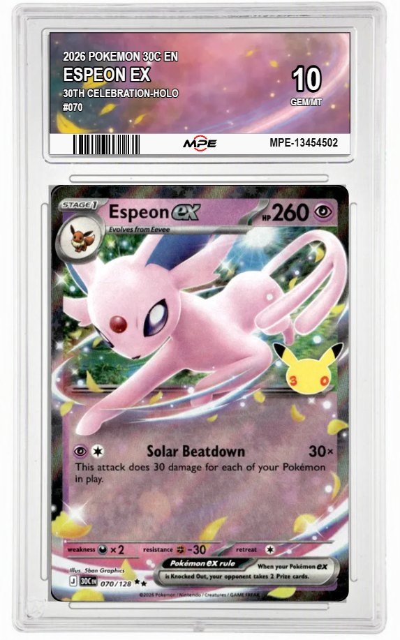 2026 POKEMON 30C EN 30th Celebration-HOLO #070 ESPEON EX MPE 10 GEM/MT — graded card auctioned from the MPE vault