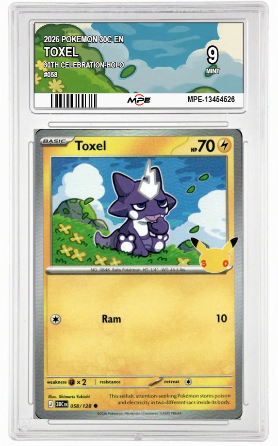 2026 POKEMON 30C EN 30th Celebration-HOLO #058 TOXEL MPE 9 MINT — graded card auctioned from the MPE vault