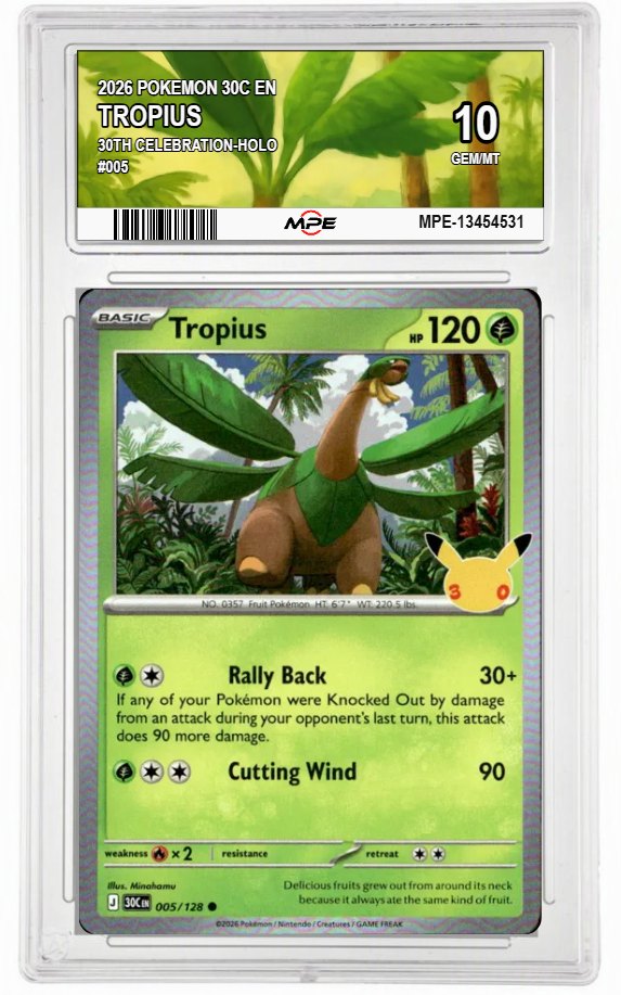 2026 POKEMON 30C EN 30th Celebration-HOLO #005 TROPIUS MPE 10 GEM/MT — graded card auctioned from the MPE vault