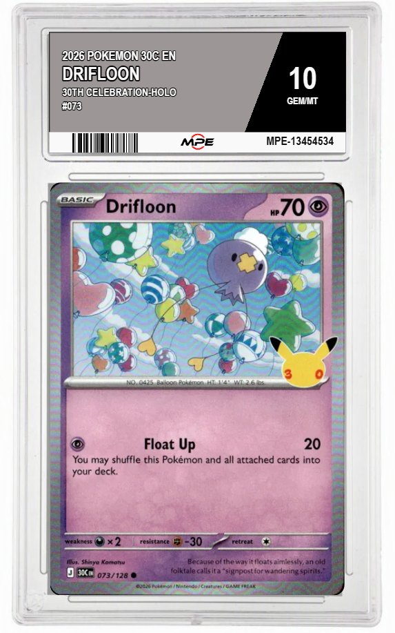 2026 POKEMON 30C EN 30th Celebration-HOLO #073 DRIFLOON MPE 10 GEM/MT — graded card auctioned from the MPE vault