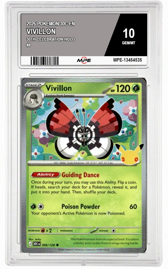 2026 POKEMON 30C EN 30th Celebration-HOLO #8 VIVILLON MPE 10 GEM/MT — graded card auctioned from the MPE vault