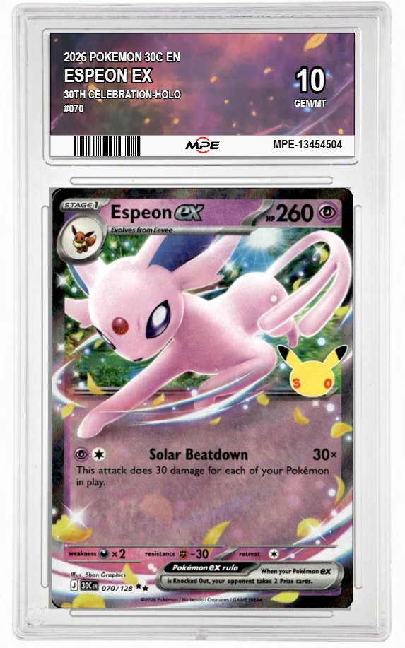 2026 POKEMON 30C EN 30th Celebration-HOLO #070 ESPEON EX MPE 10 GEM/MT — graded card auctioned from the MPE vault