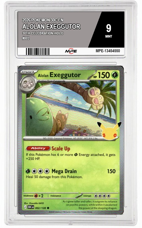 2026 POKEMON 30C EN 30th Celebration-HOLO #002 ALOLAN EXEGGUTOR MPE 9 MINT — graded card auctioned from the MPE vault