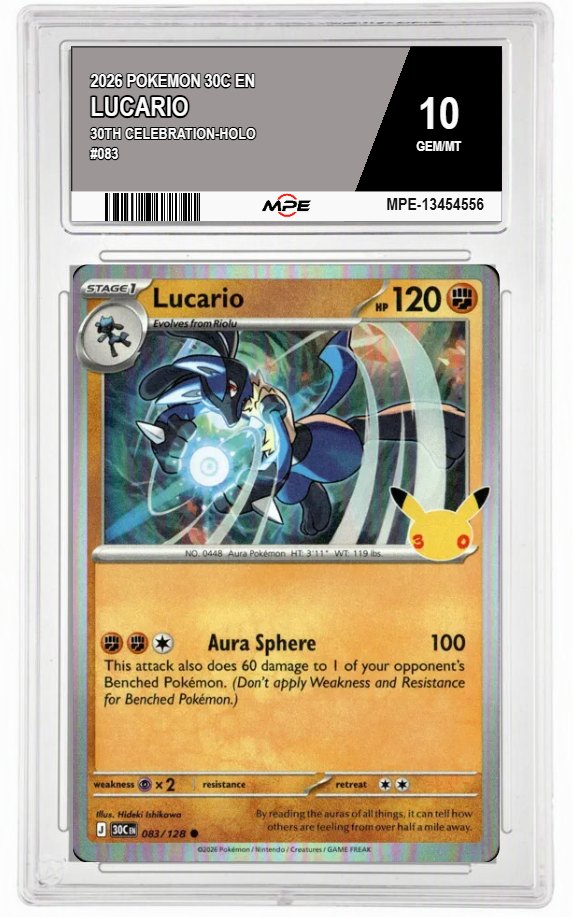 2026 POKEMON 30C EN 30th Celebration-HOLO #083 LUCARIO MPE 10 GEM/MT — graded card auctioned from the MPE vault