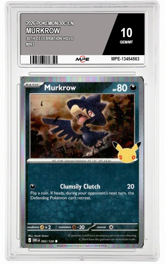 2026 POKEMON 30C EN 30th Celebration-HOLO #093 MURKROW MPE 10 GEM/MT — graded card auctioned from the MPE vault