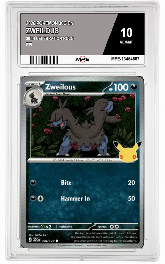 2026 POKEMON 30C EN 30th Celebration-HOLO #98 ZWEILOUS MPE 10 GEM/MT — graded card auctioned from the MPE vault