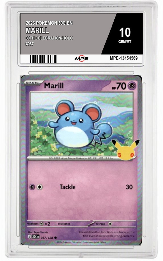 2026 POKEMON 30C EN 30th Celebration-HOLO #067 MARILL MPE 10 GEM/MT — graded card auctioned from the MPE vault