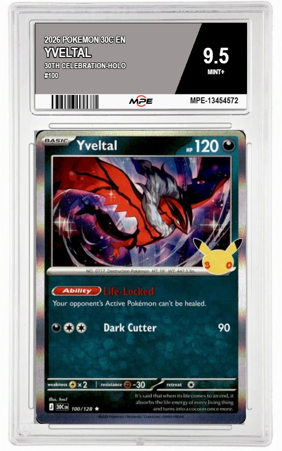 2026 POKEMON 30C EN 30th Celebration-HOLO #100 YVELTAL MPE 9.5 MINT+ — graded card auctioned from the MPE vault