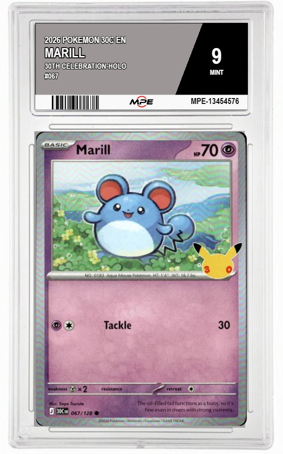 2026 POKEMON 30C EN 30th Celebration-HOLO #067 MARILL MPE 9 MINT — graded card auctioned from the MPE vault