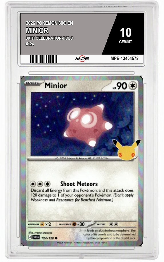 2026 POKEMON 30C EN 30th Celebration-HOLO #124 MINIOR MPE 10 GEM/MT — graded card auctioned from the MPE vault