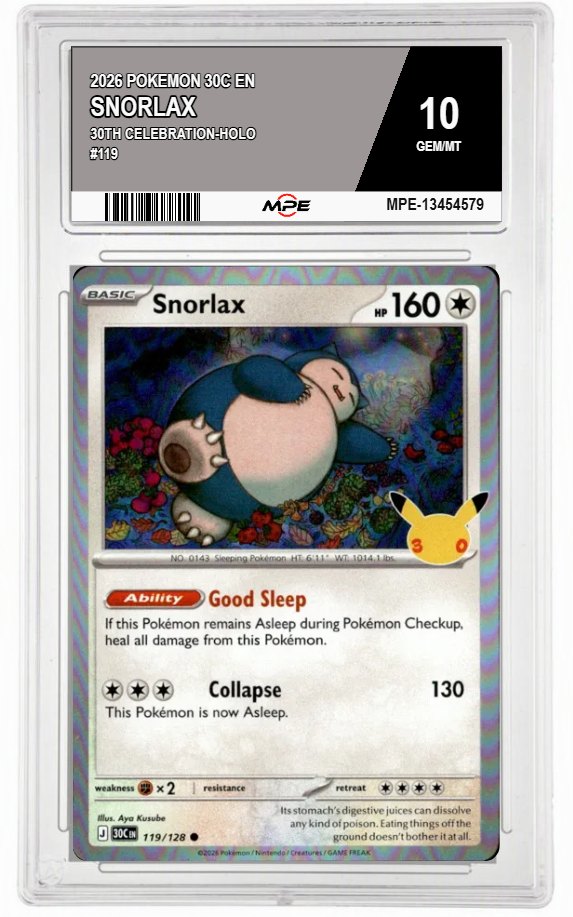 2026 POKEMON 30C EN 30th Celebration-HOLO #119 SNORLAX MPE 10 GEM/MT — graded card auctioned from the MPE vault
