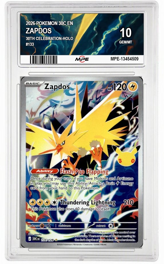2026 POKEMON 30C EN 30th Celebration-HOLO #133 ZAPDOS MPE 10 GEM/MT — graded card auctioned from the MPE vault